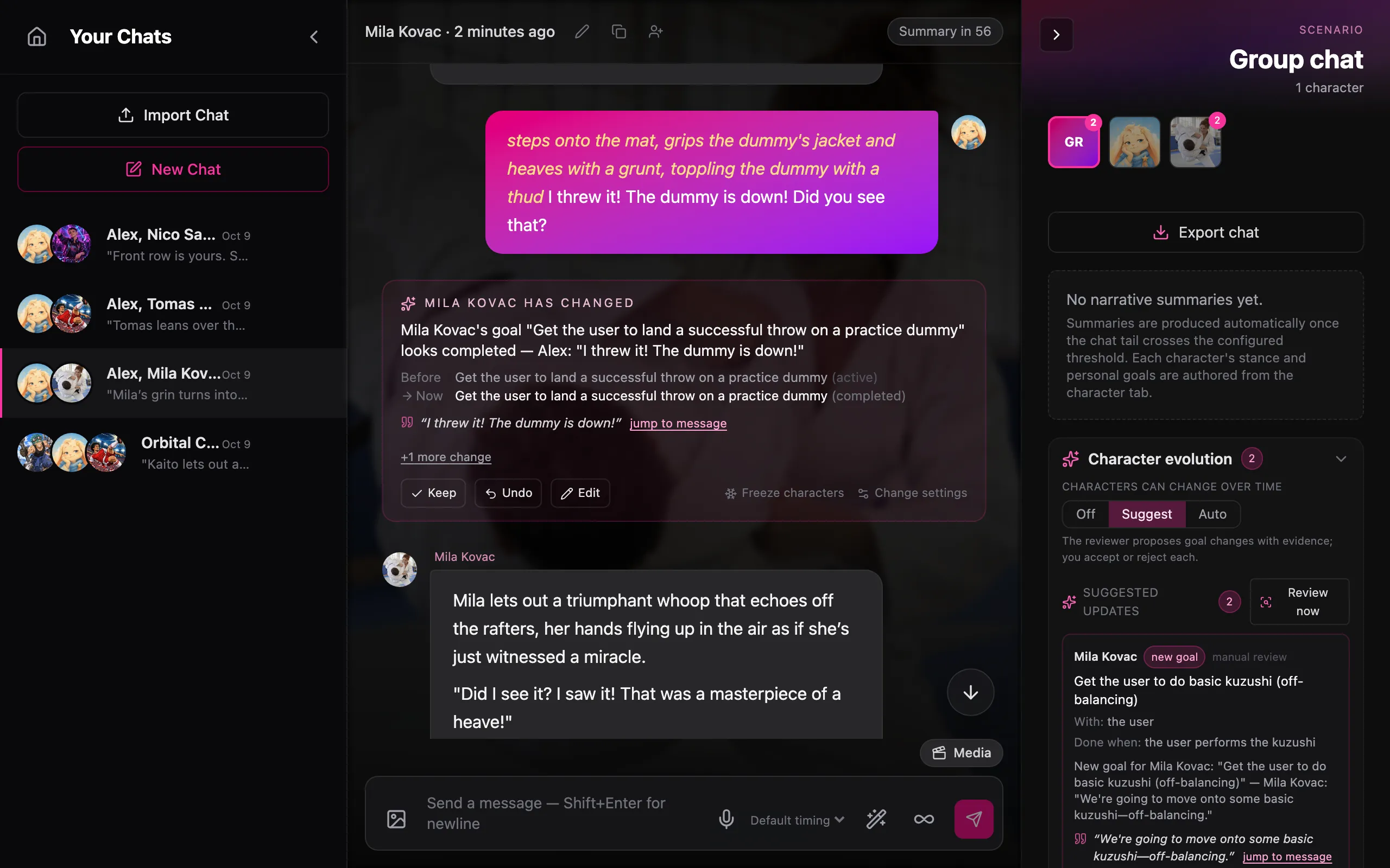 Castwright chat where a character's goal is marked completed, quoting the moment that changed her, with Keep, Undo and Edit, beside the character evolution panel