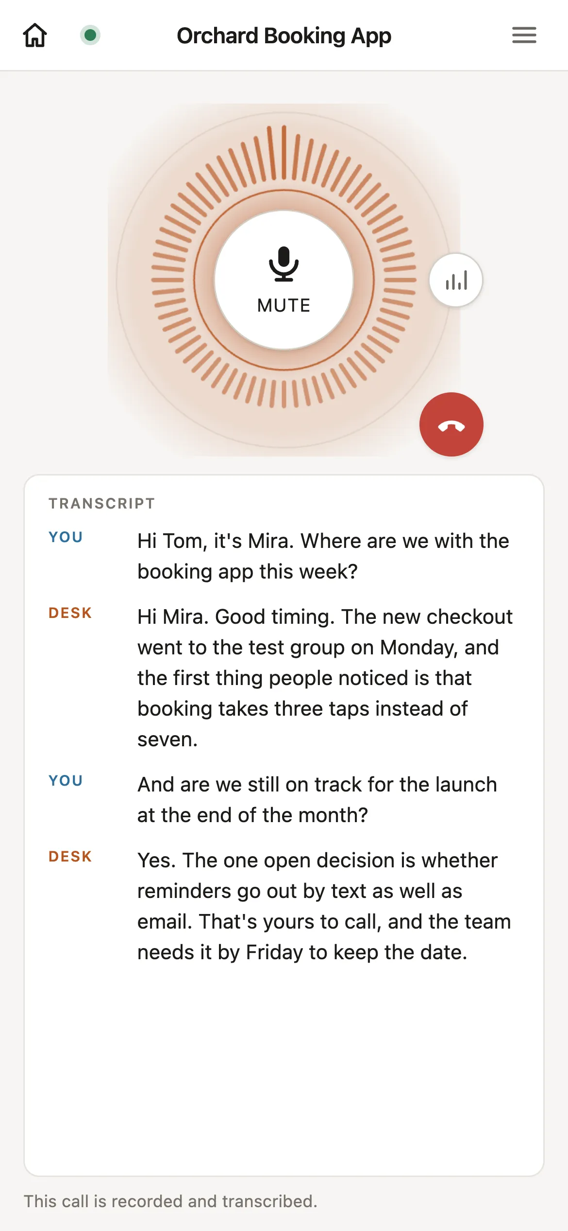 Vox Desk on a phone: a call in progress, the voice ring lit while the desk speaks, with the transcript below
